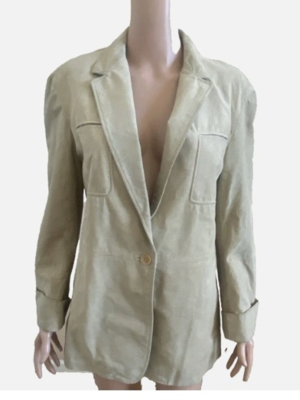 DKNY Tan Suede Leather Blazer Jacket 1 Button Rolled Cuff Small